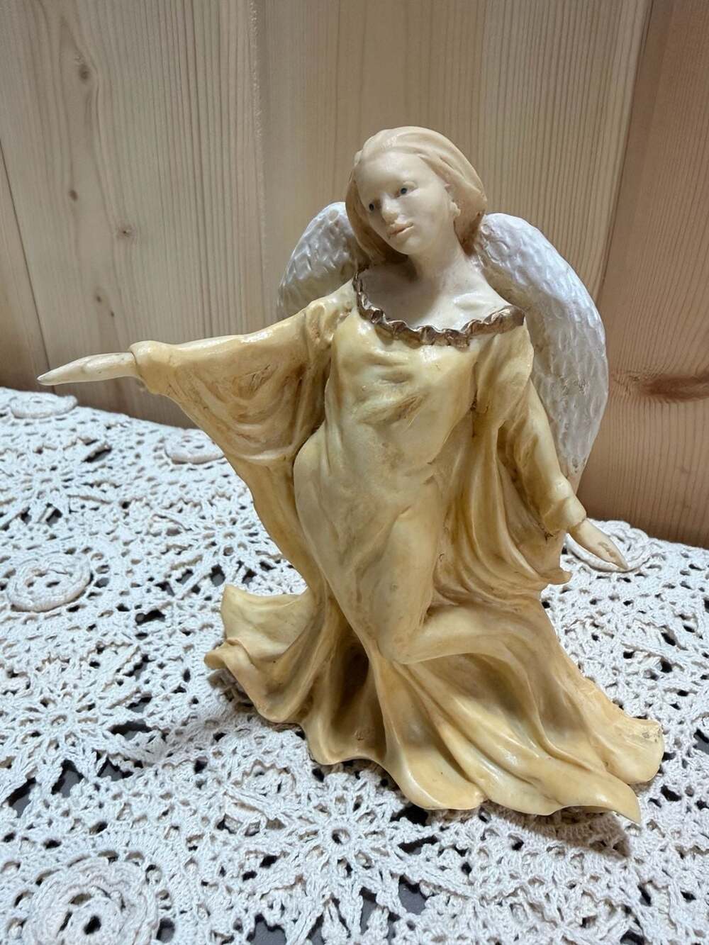 Vintage Resin Angel Figurine In Flowing Cream Robe With Wings And Base